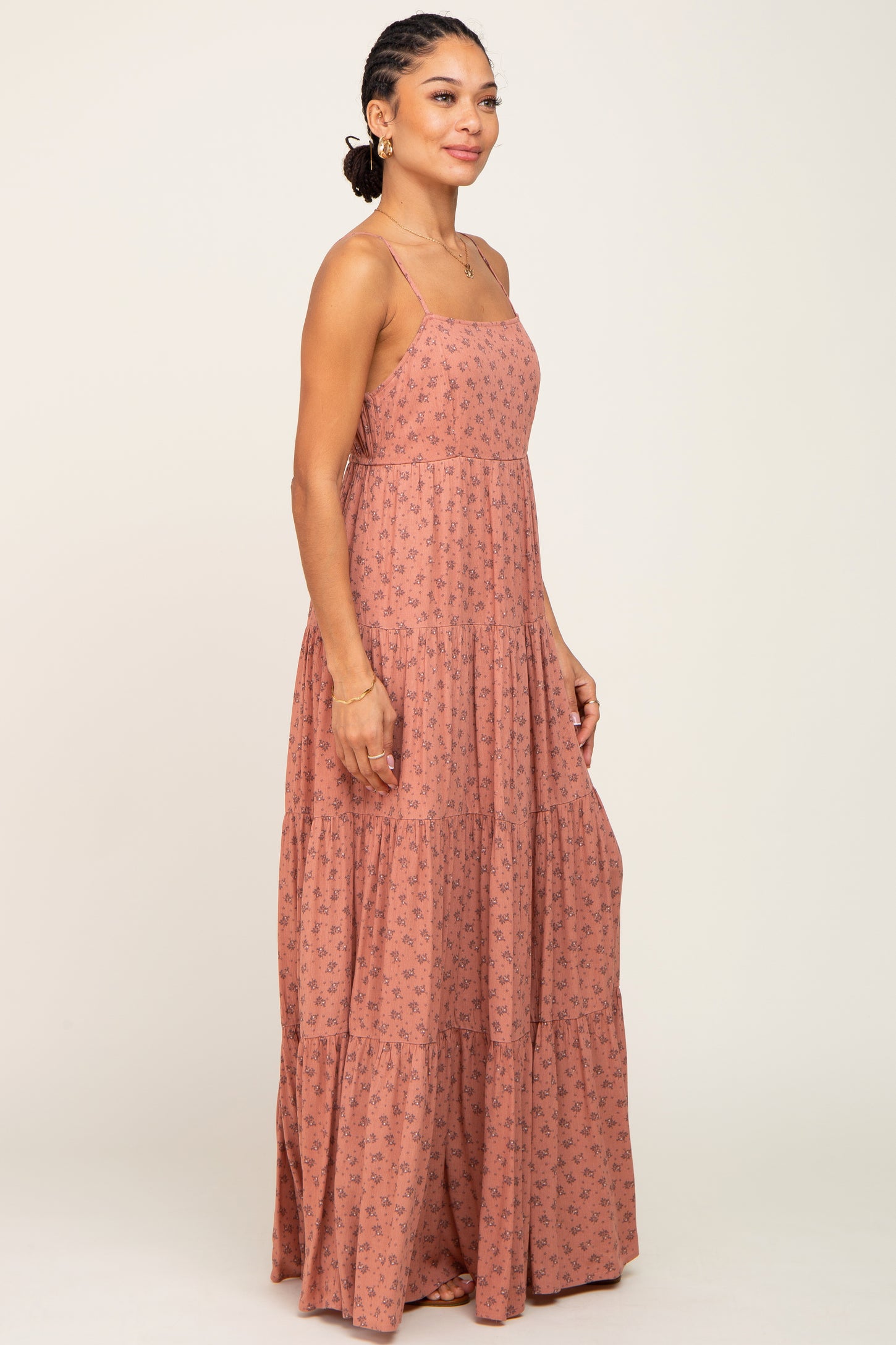Rust Ditsy Floral Tiered Maxi Dress