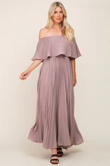 Taupe Pleated Layered Off Shoulder Maternity Maxi Dress