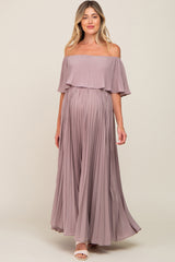 Taupe Pleated Layered Off Shoulder Maternity Maxi Dress