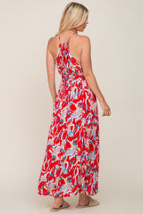 Red Printed Halter Smocked Waist Maxi Dress