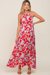 Red Printed Halter Smocked Waist Maternity Maxi Dress