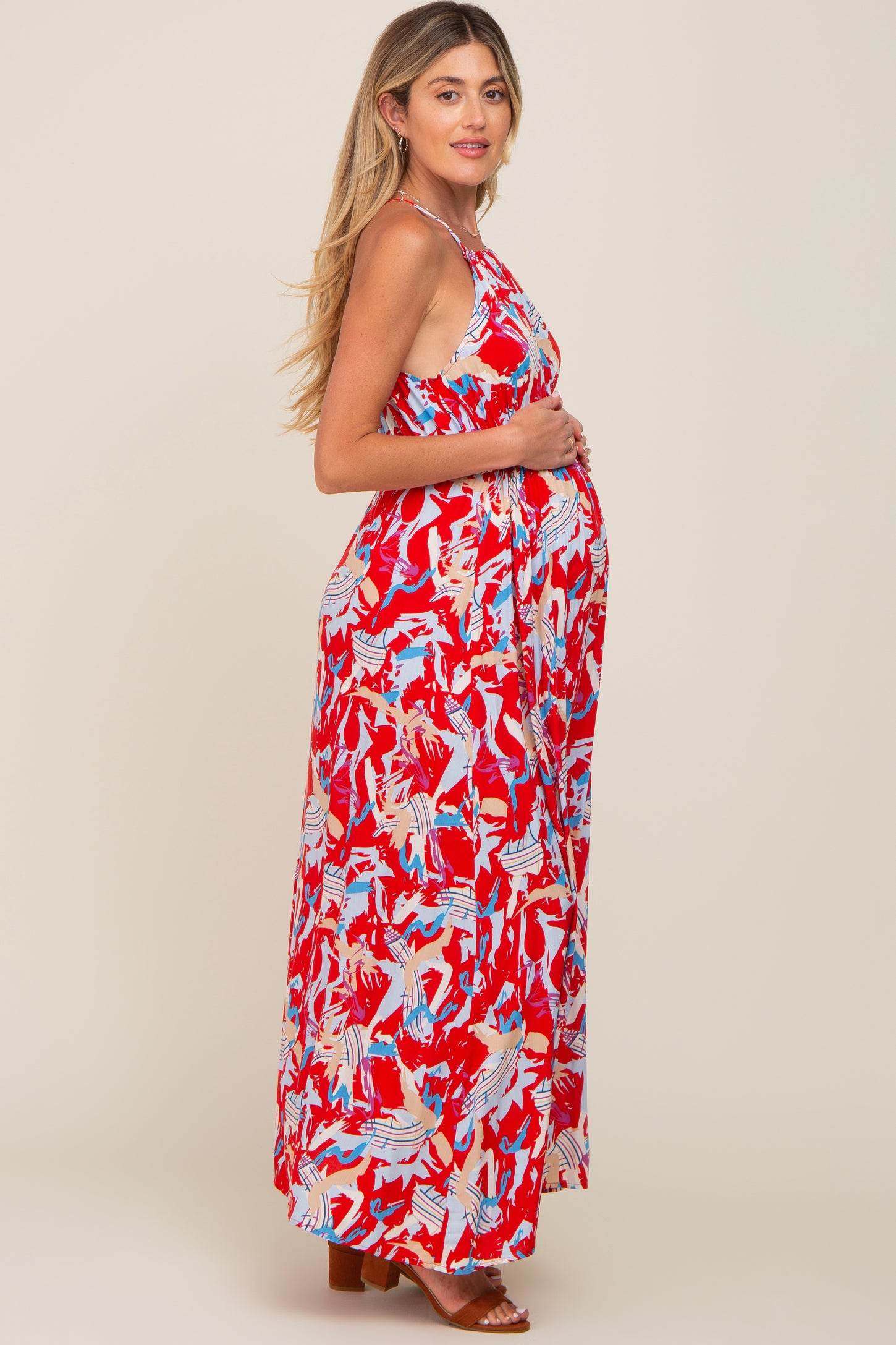 Red Printed Halter Smocked Waist Maternity Maxi Dress
