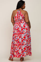 Red Printed Halter Smocked Waist Plus Maxi Dress