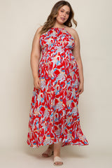 Red Printed Halter Smocked Waist Maternity Plus Maxi Dress