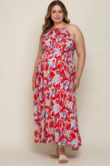 Red Printed Halter Smocked Waist Maternity Plus Maxi Dress