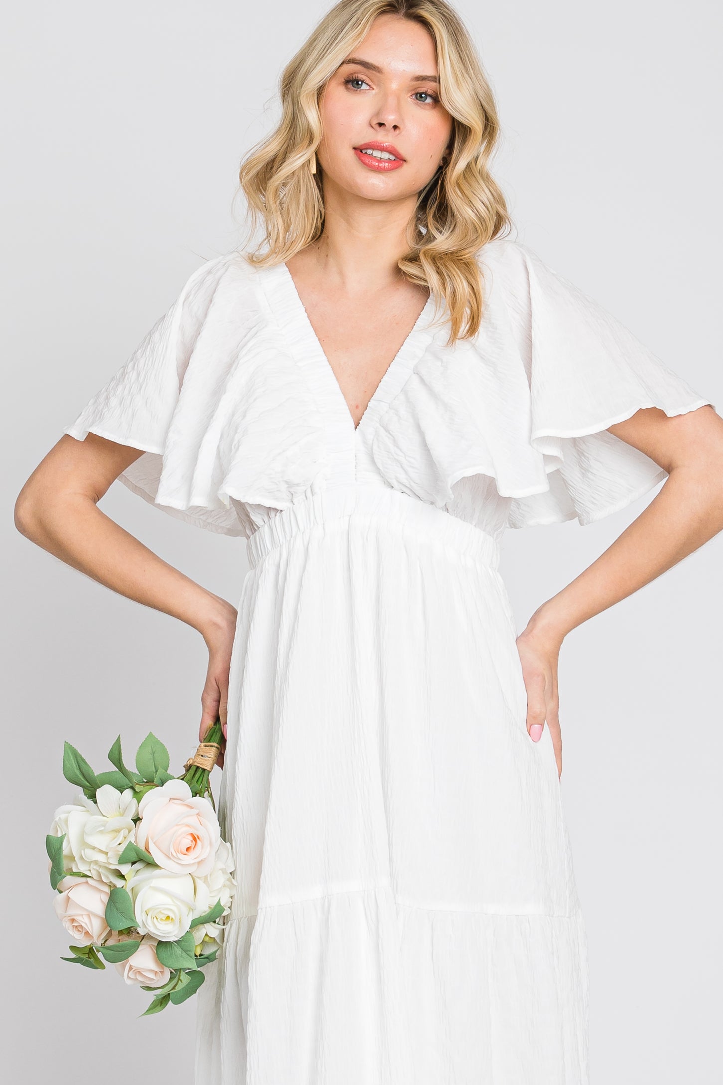 White Crepe Flounce Sleeve Tiered Maxi Dress