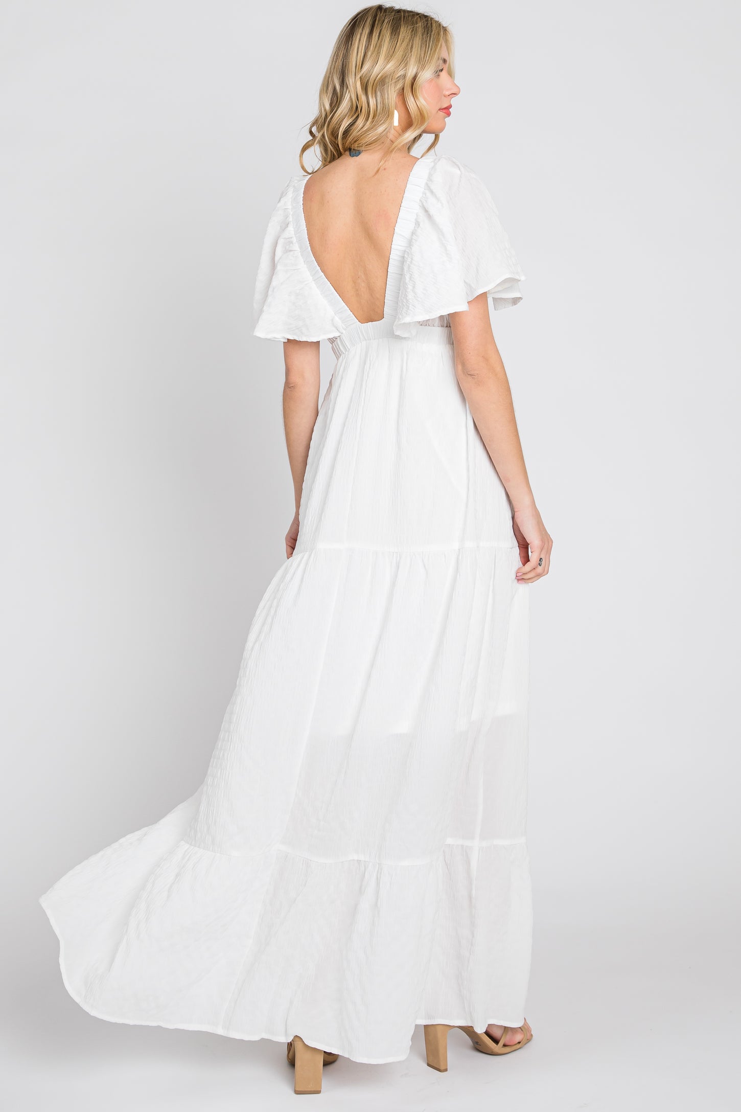 White Crepe Flounce Sleeve Tiered Maxi Dress