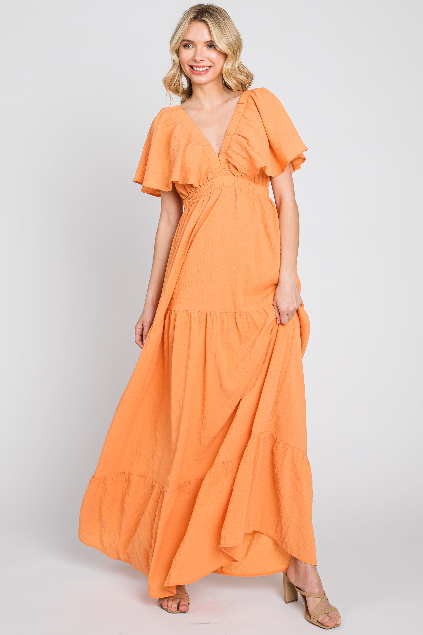 Orange Crepe Flounce Sleeve Tiered Maxi Dress – PinkBlush