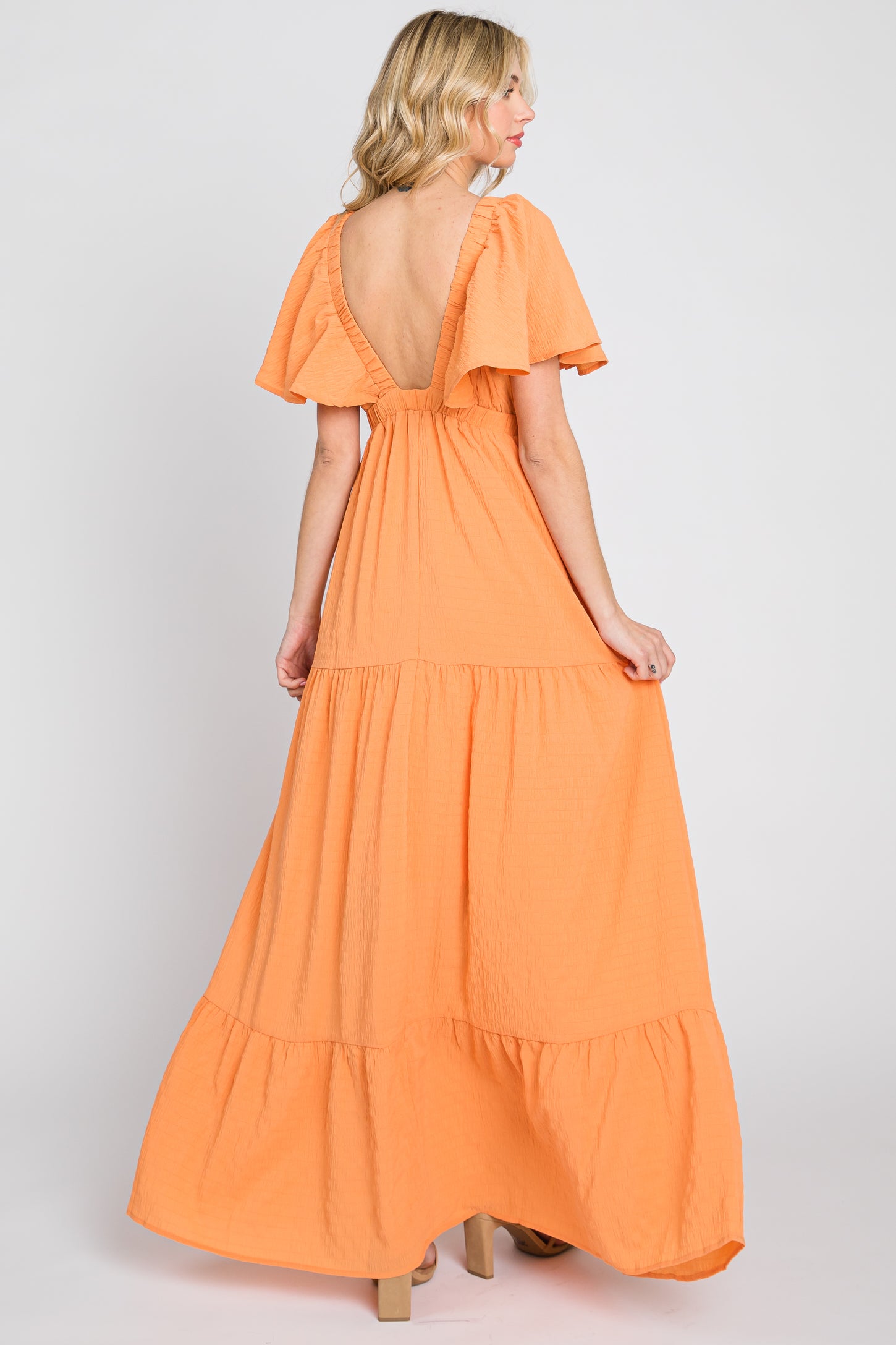 Orange Crepe Flounce Sleeve Tiered Maxi Dress – PinkBlush Orange Crepe Flounce Sleeve Tiered Maxi Dress – PinkBlush