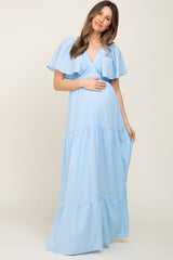 Light Blue Crepe Flounce Sleeve Tiered Maternity Maxi Dress