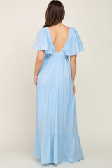 Light Blue Crepe Flounce Sleeve Tiered Maternity Maxi Dress