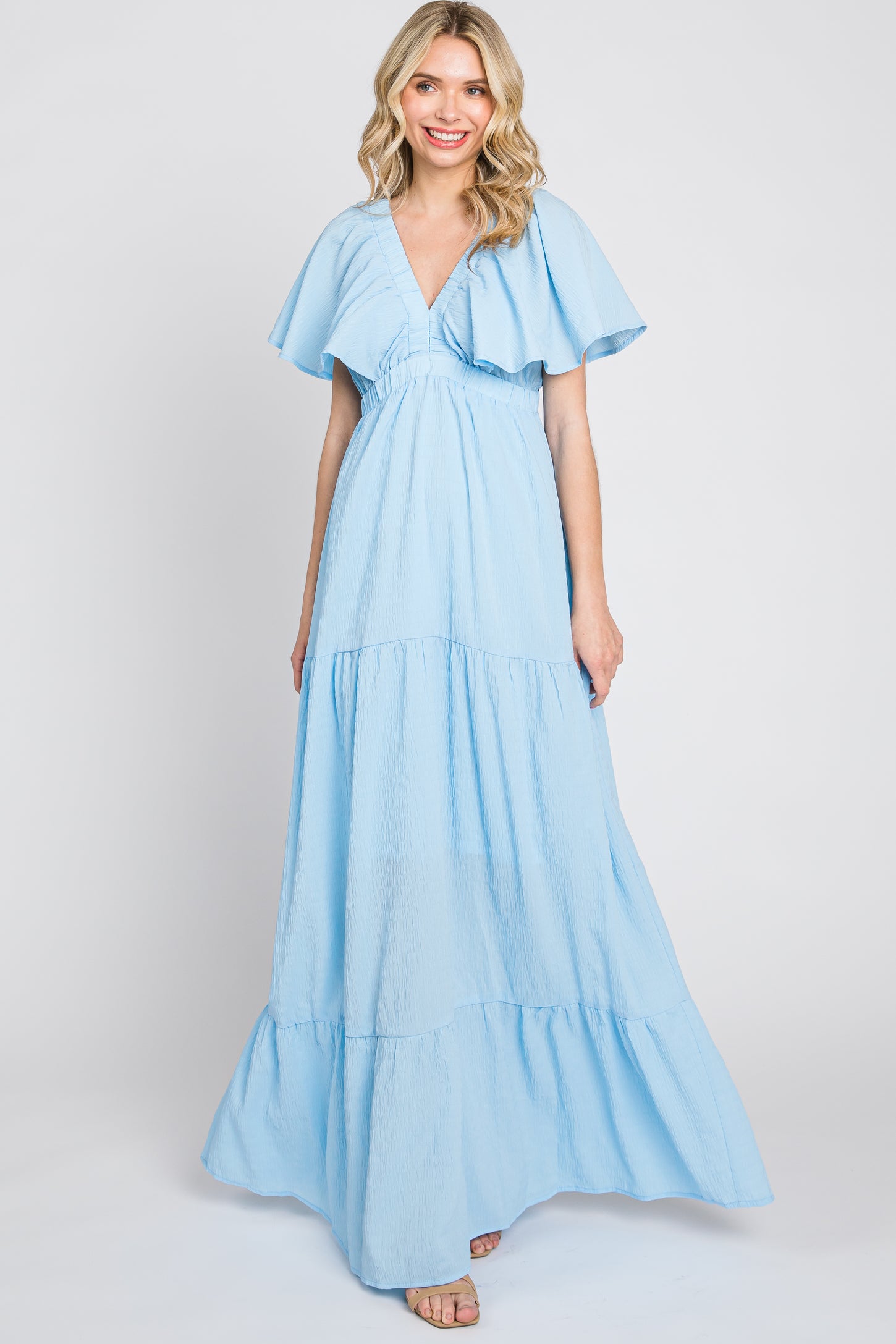 Light Blue Crepe Flounce Sleeve Tiered Maxi Dress Light Blue Crepe Flounce Sleeve Tiered Maxi Dress