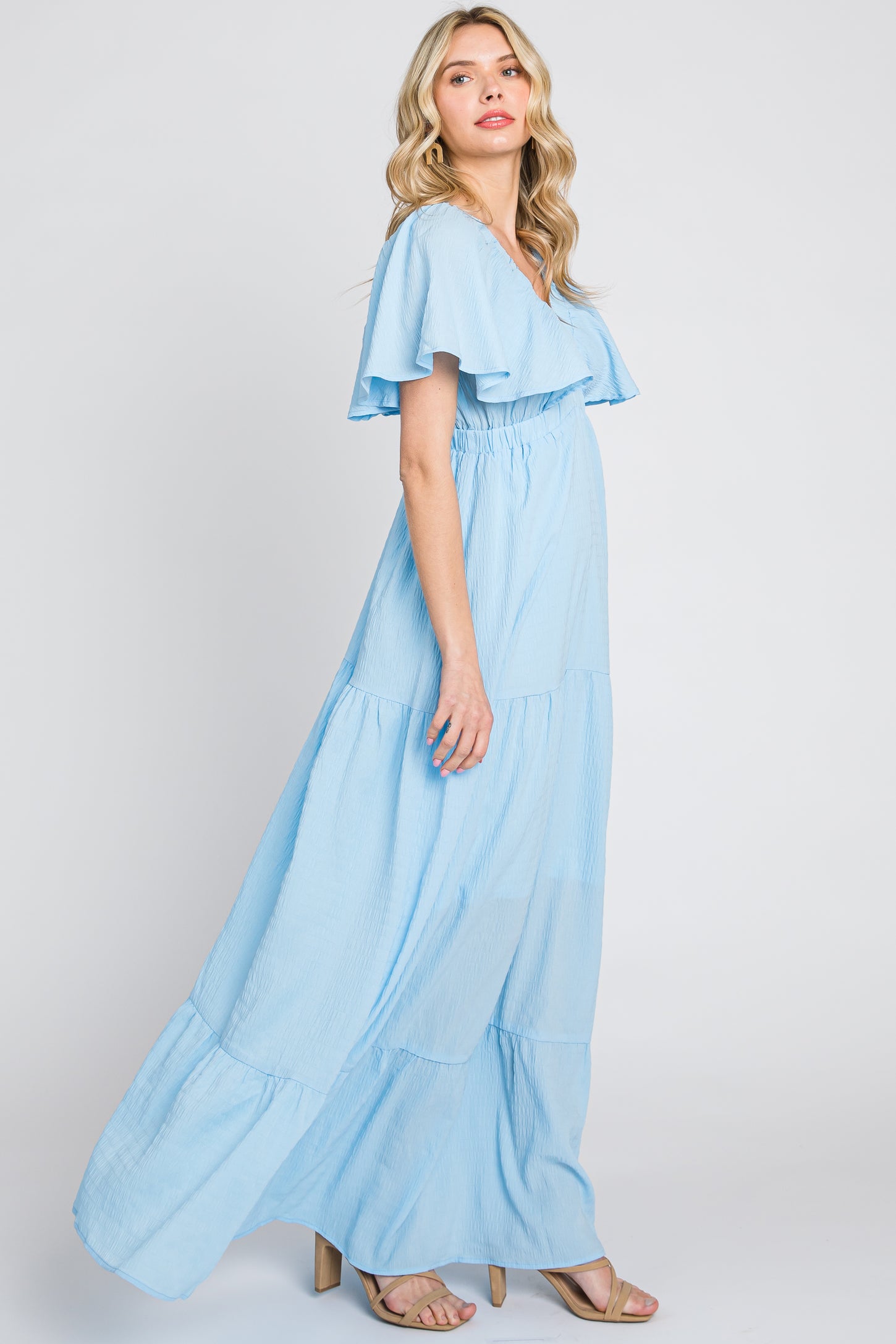 Light Blue Crepe Flounce Sleeve Tiered Maxi Dress Light Blue Crepe Flounce Sleeve Tiered Maxi Dress