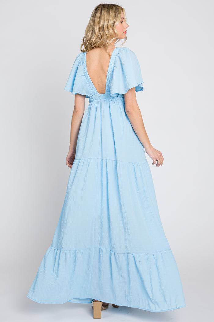 Light Blue Crepe Flounce Sleeve Tiered Maxi Dress