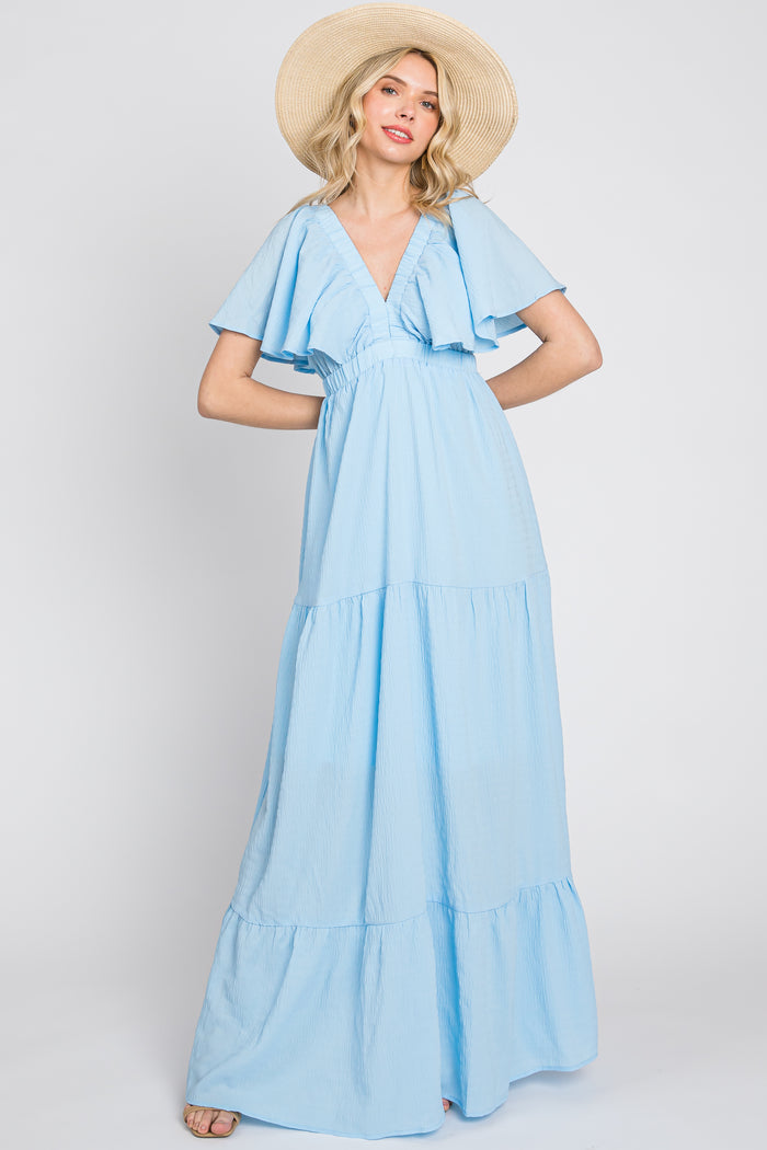 Light Blue Crepe Flounce Sleeve Tiered Maxi Dress