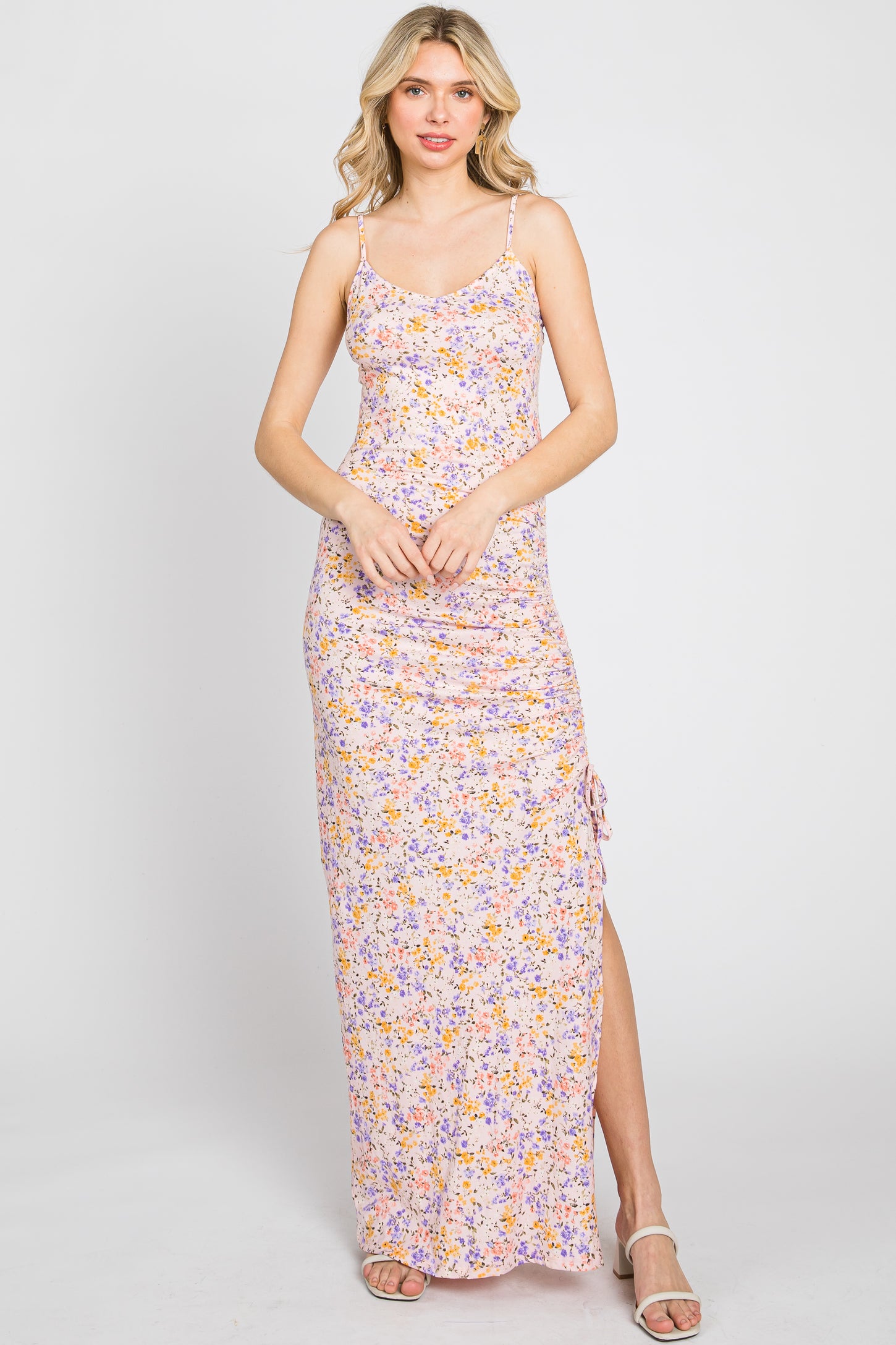 Pink Floral Side Slit Ruched Maternity Maxi Dress– PinkBlush