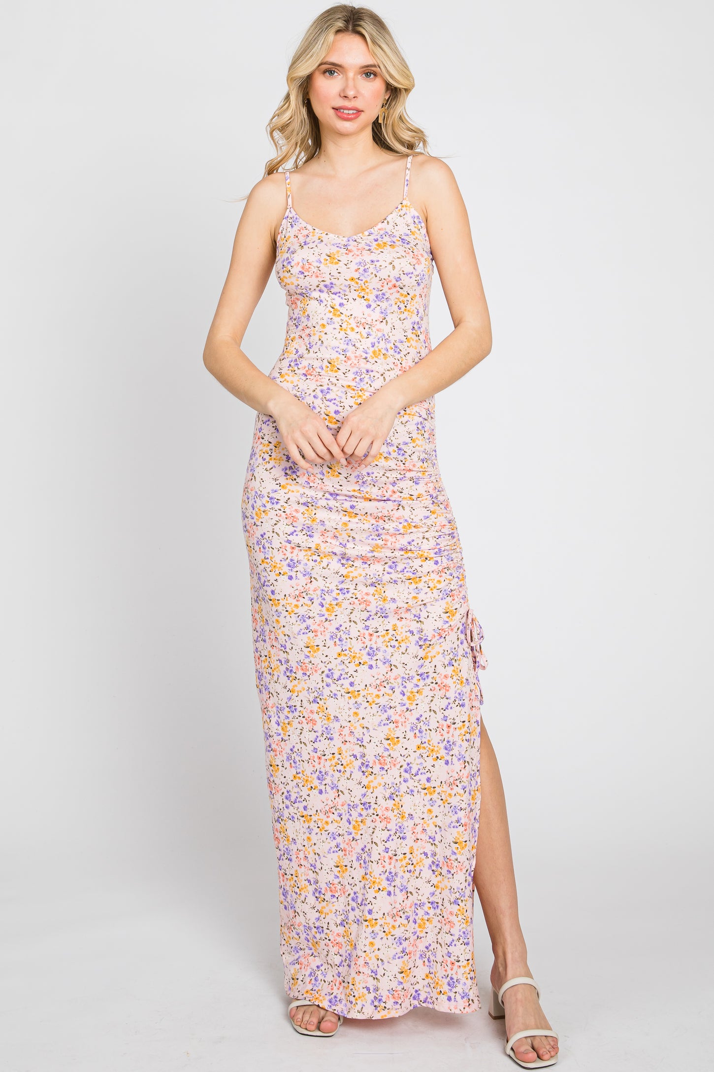 side ruched maternity maxi dress Pink Abstract Print Ruched Side Slit Maternity Maxi Dress PinkBlush