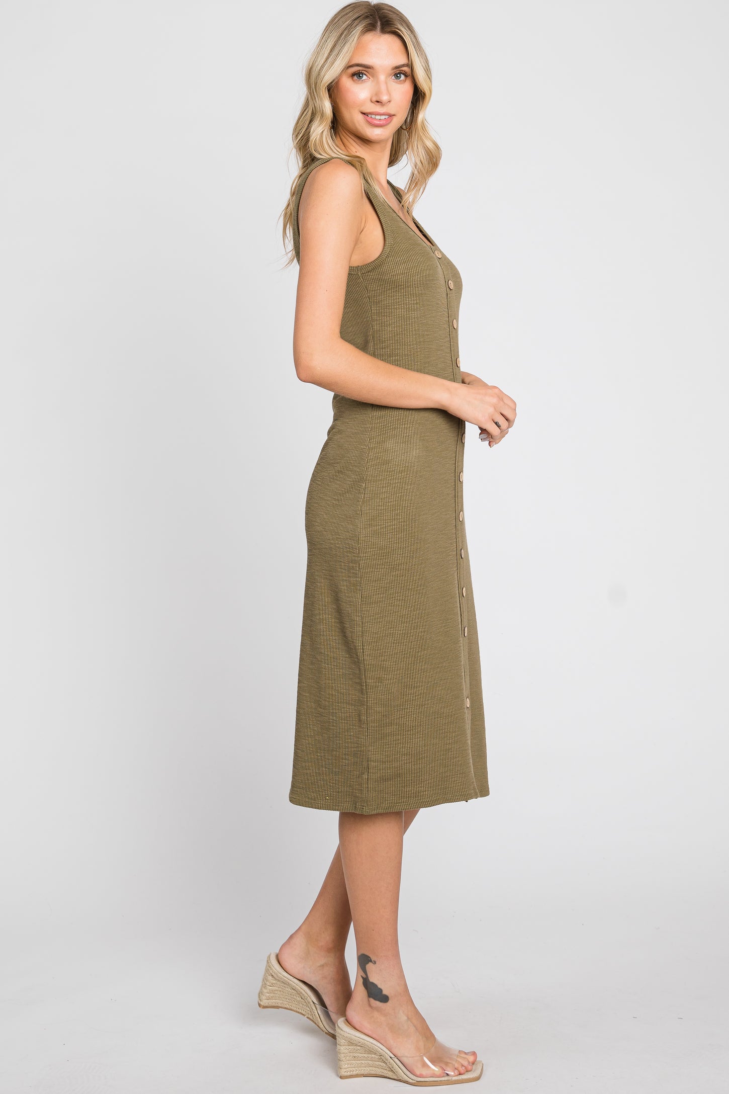 ribbed button front midi dress Beige Ribbed Midi Dress - Button-Front Midi Dress - Bodycon Dress
