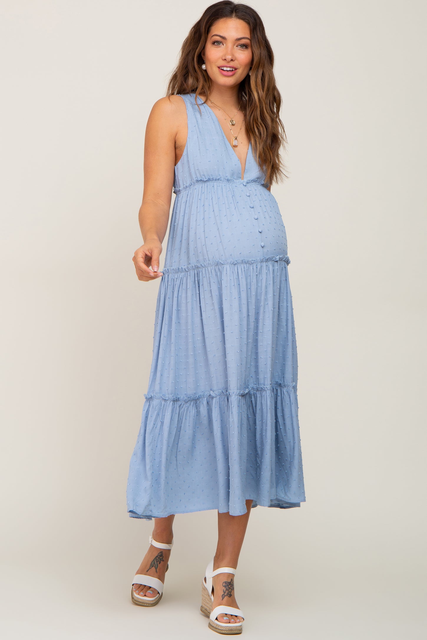 Light Blue Swiss Dot Sleeveless Tiered Maternity Midi Dress – PinkBlush