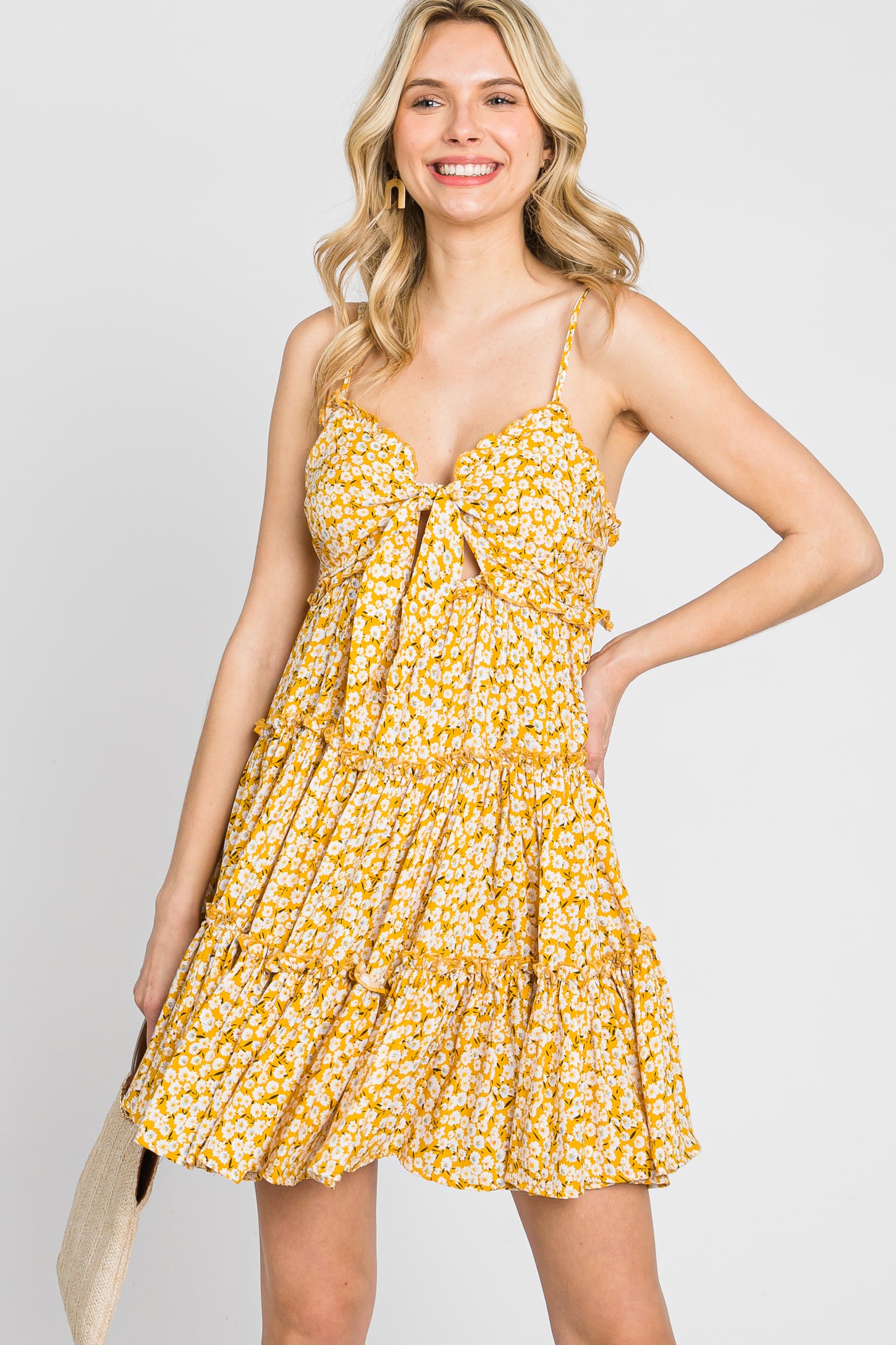 Yellow Floral Cut Out Tiered Ruffle Mini Dress