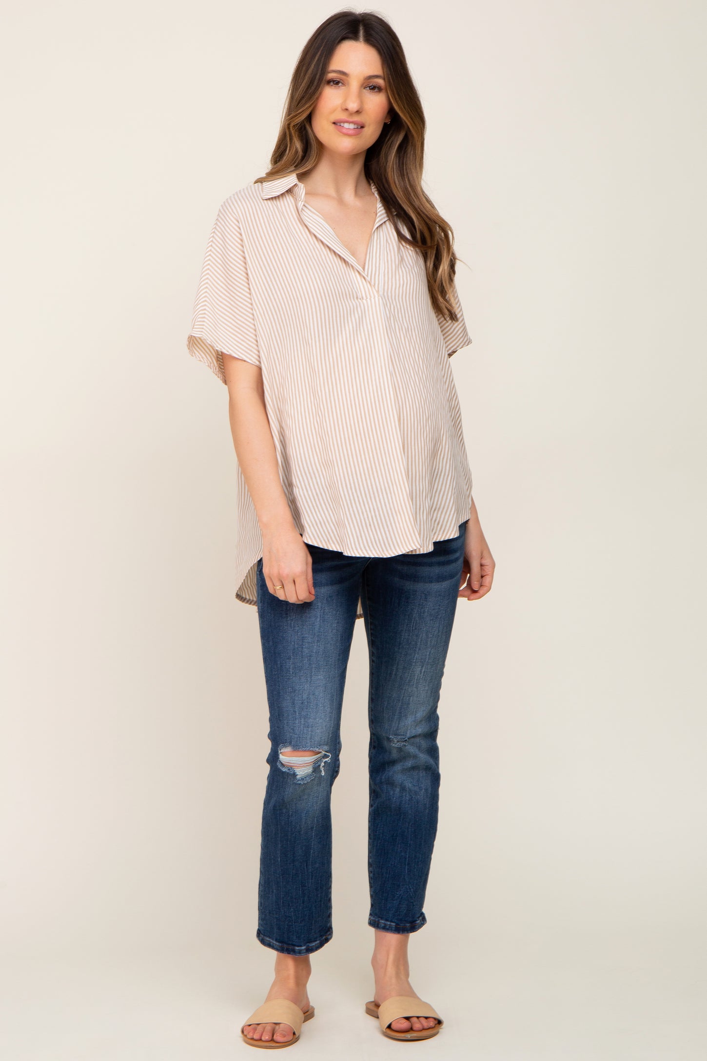 Beige Collared Short Sleeve Maternity Top