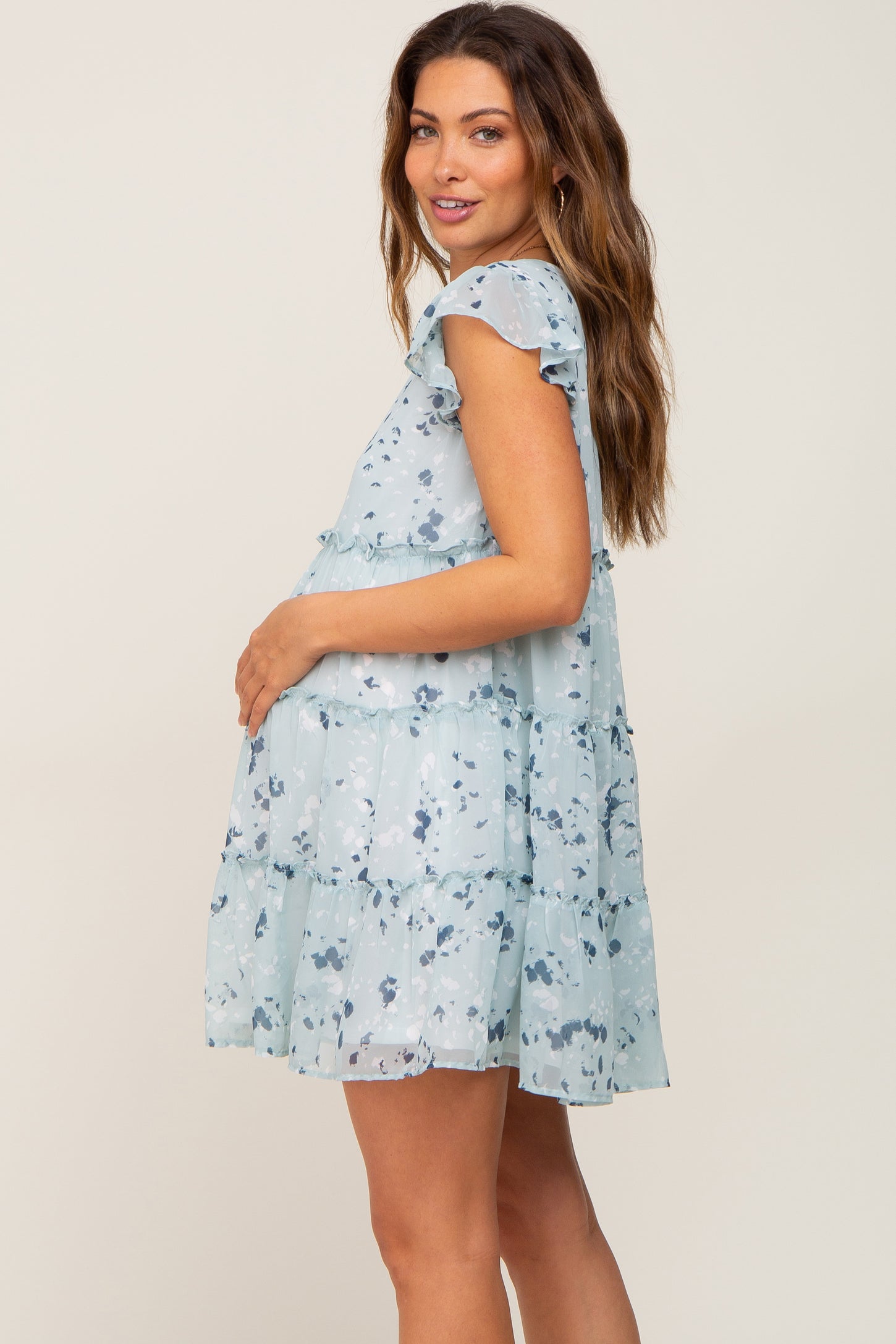 Mint Green Chiffon Ruffle Tiered Maternity Dress