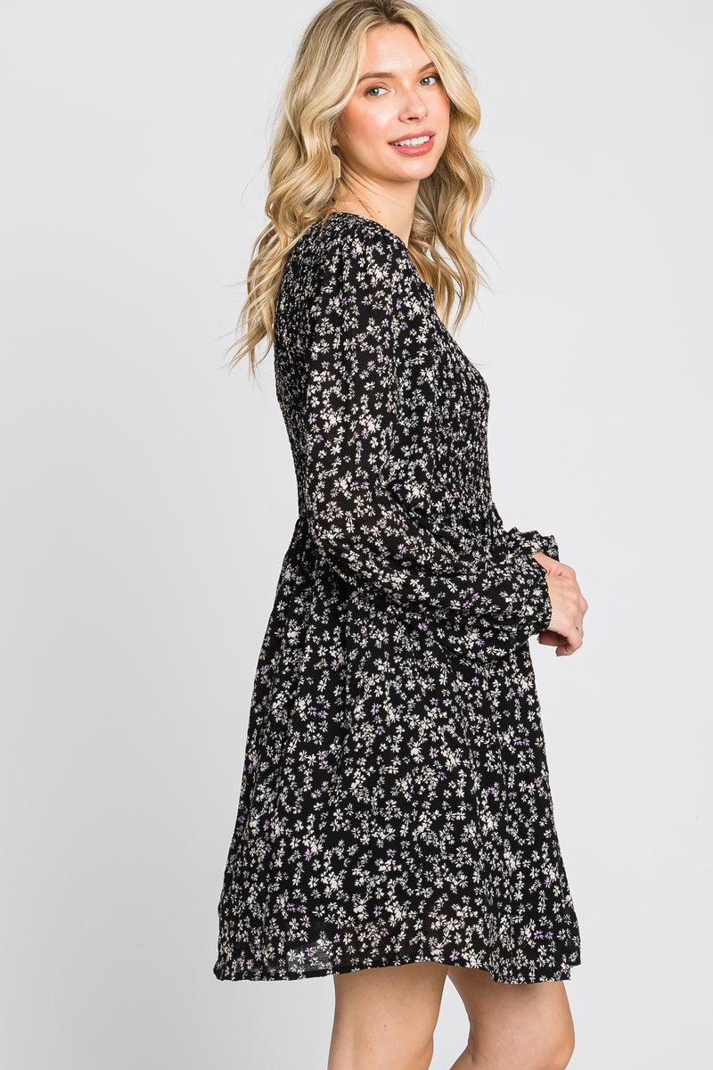 Black Floral Smocked Long Sleeve Dress – PinkBlush