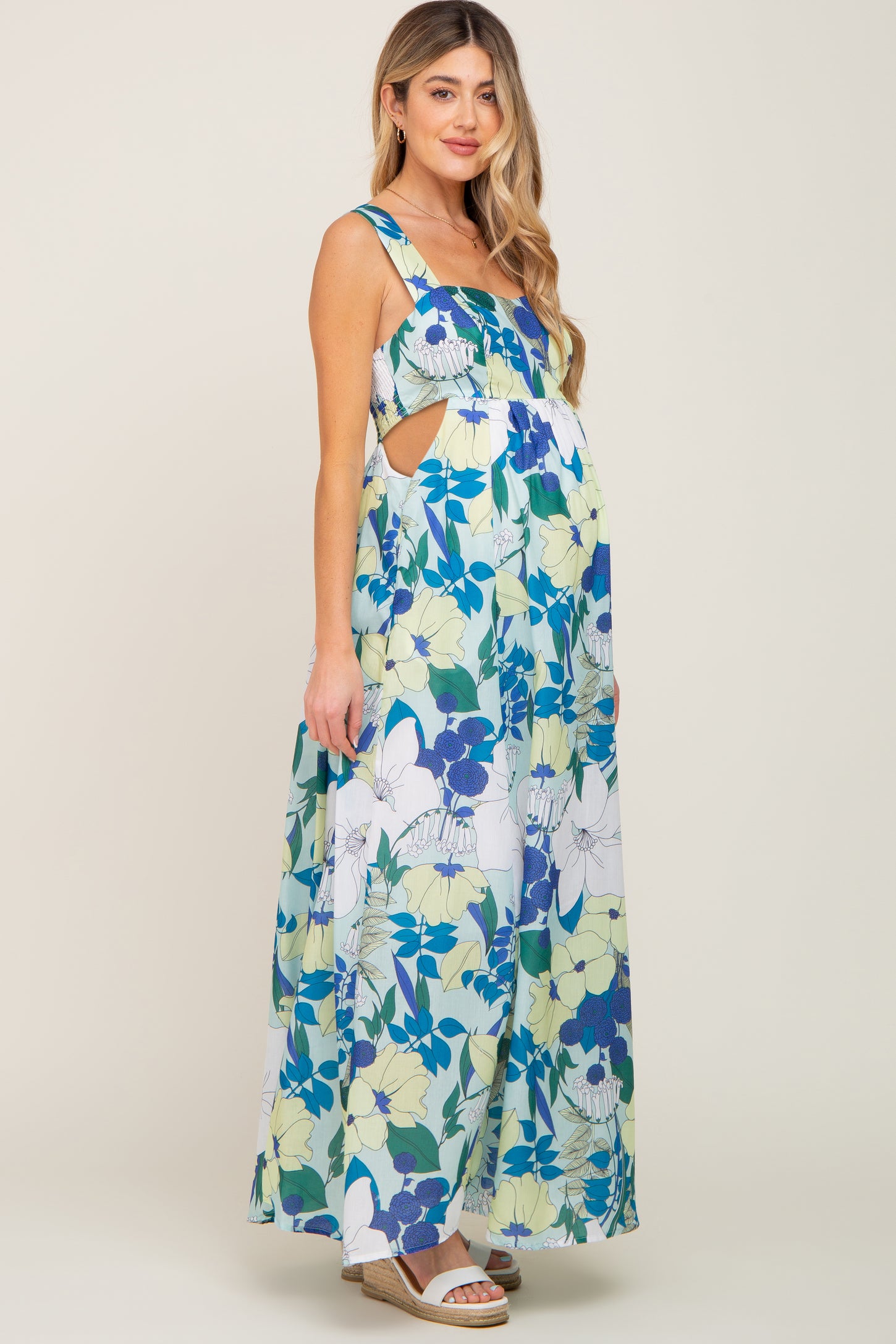 cut out maternity dress Momyknows White 2-in-1 Lace Cut Out Off Shoulder Tie Elegant Flowy Vacation Photoshoot Maternity Maxi Dress, Short Sleeve / L