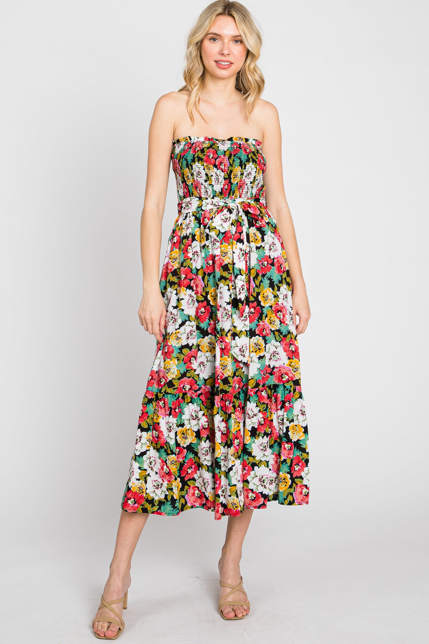 Black Floral Smocked Strapless Maternity Midi Dress