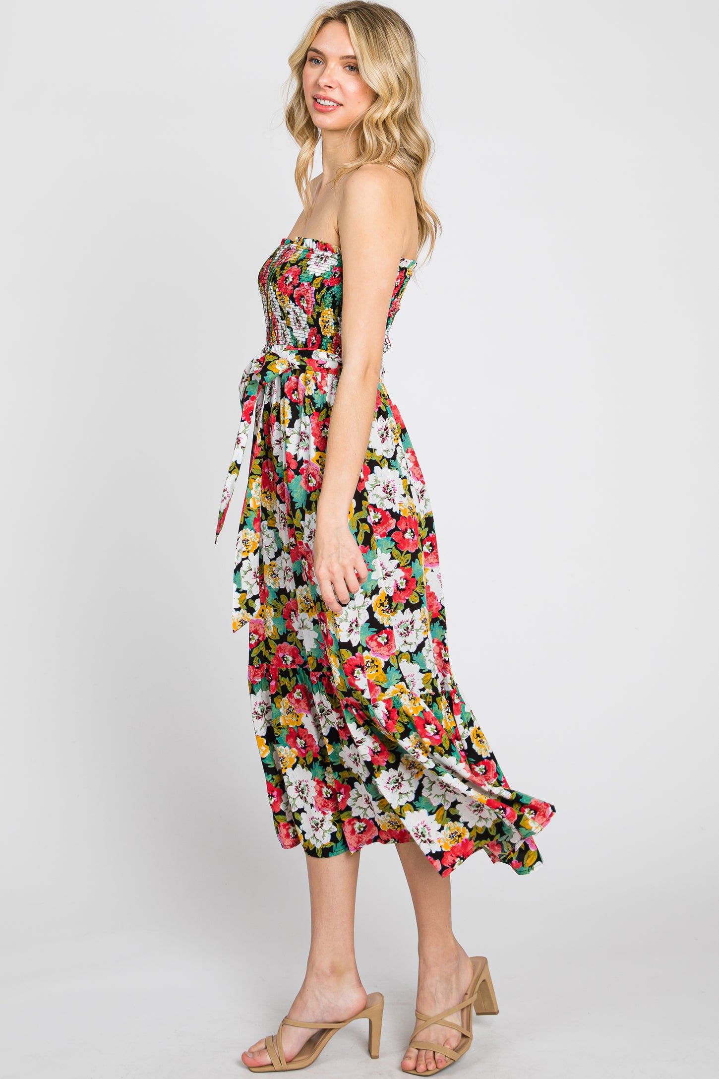 Black Floral Smocked Strapless Midi Dress PinkBlush Black Floral Smocked Strapless Midi Dress PinkBlush