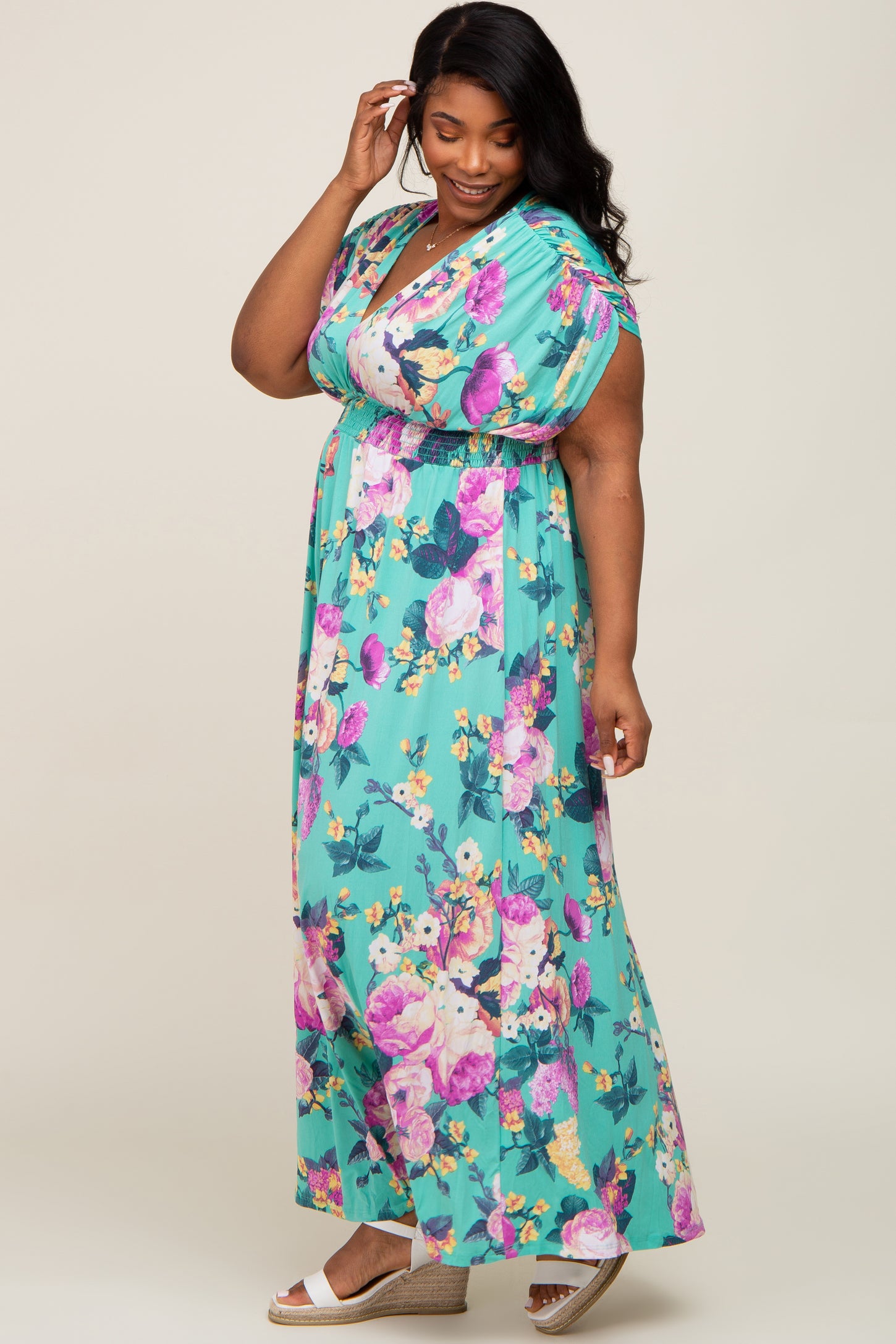 Aqua Floral Deep V-Neck Plus Maxi Dress PinkBlush Aqua Floral Deep V-Neck Plus Maxi Dress PinkBlush