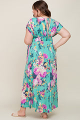 Aqua Floral Deep V-Neck Maternity Plus Maxi Dress