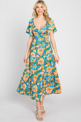 Multi-Color Floral Wrap Front Cutout Back Midi Dress