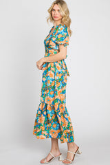 Multi-Color Floral Wrap Front Cutout Back Midi Dress