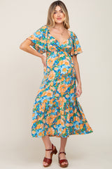 Multi-Color Floral Wrap Front Cutout Back Maternity Midi Dress