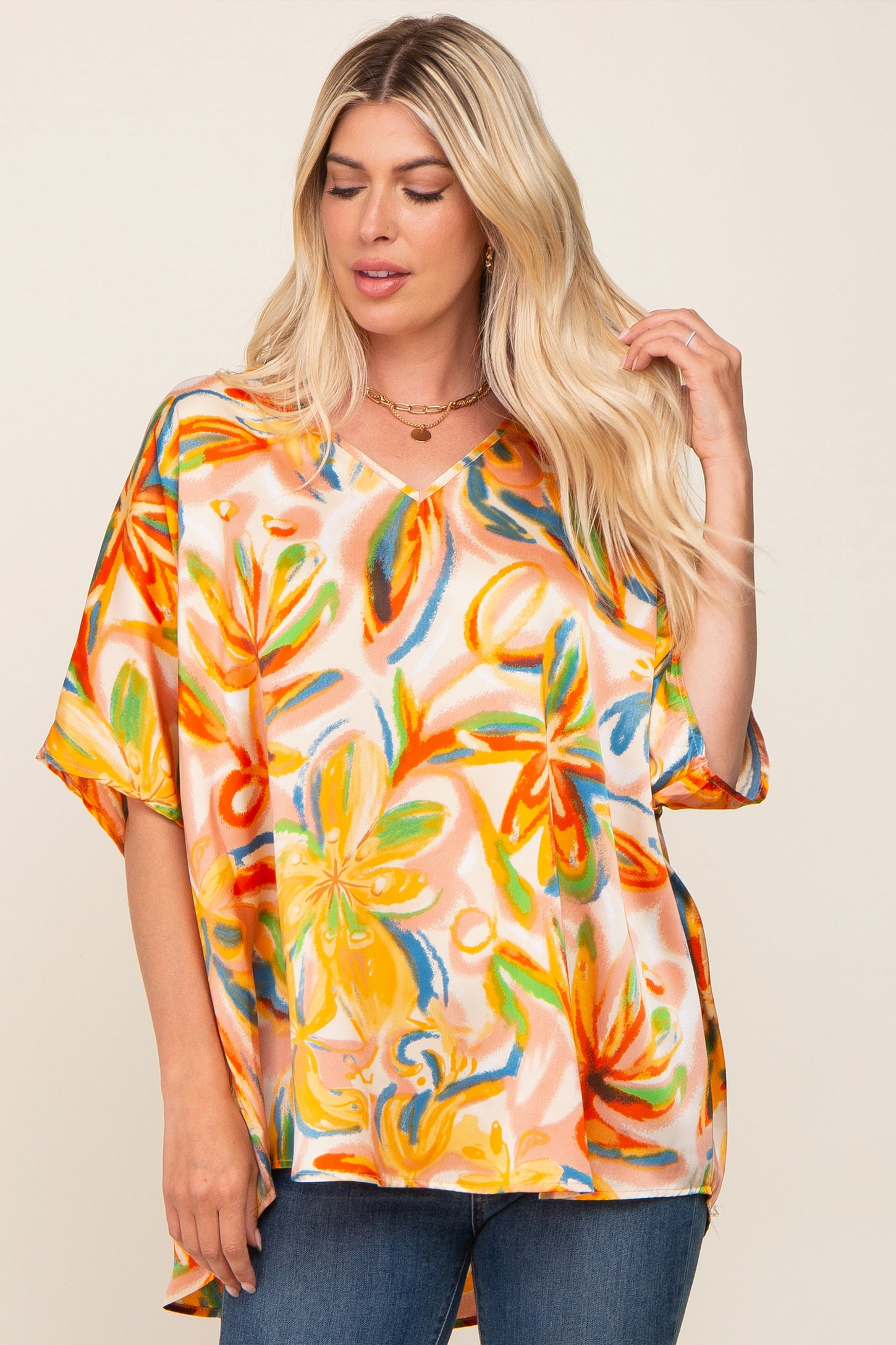 Multi-Color Satin V-Neck Short Sleeve Blouse– PinkBlush