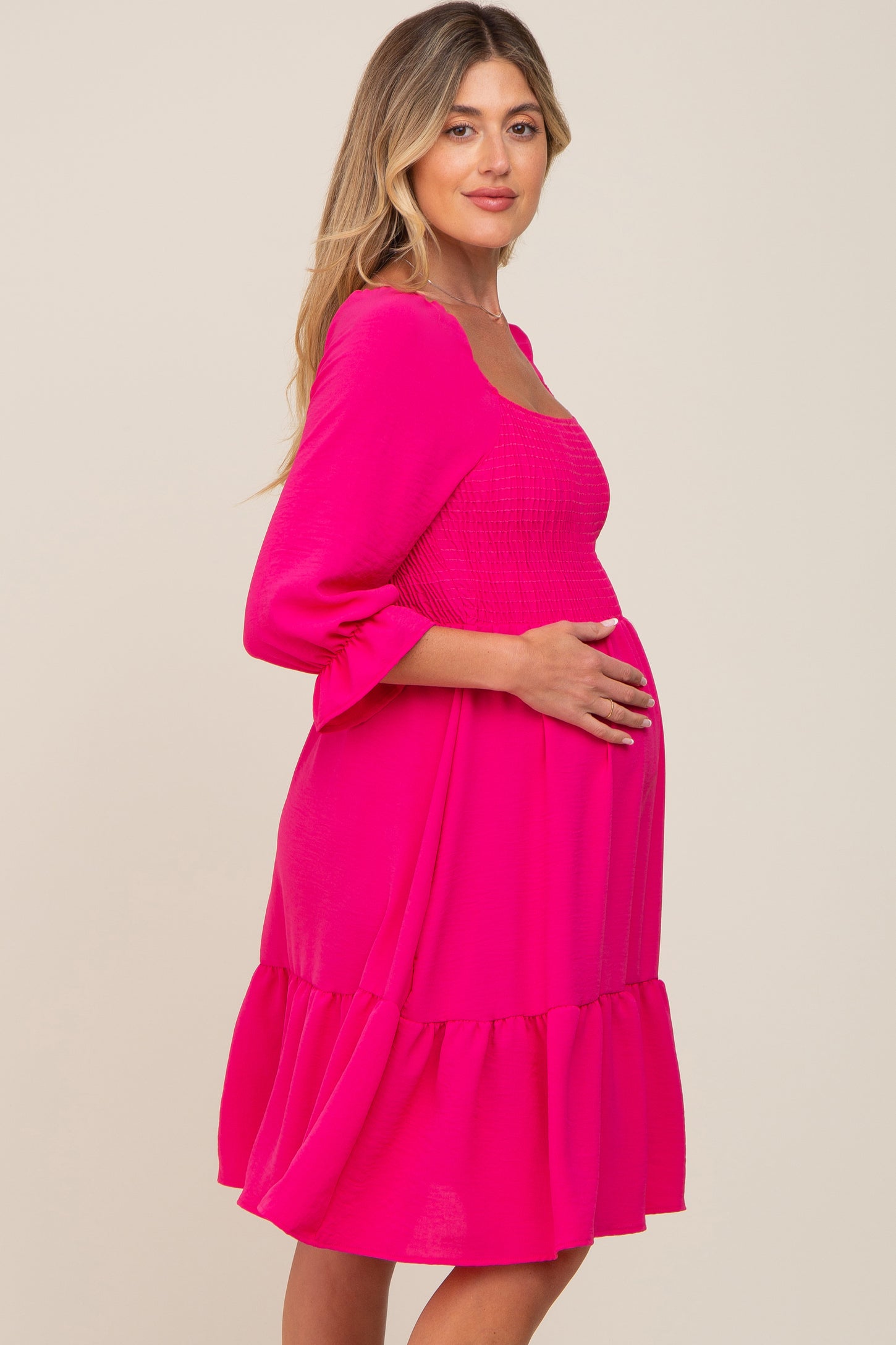 Fuchsia Smocked Ruffle Maternity Dress