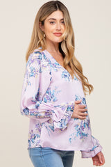 Lavender Floral Satin Ruffle Sleeve Maternity Blouse