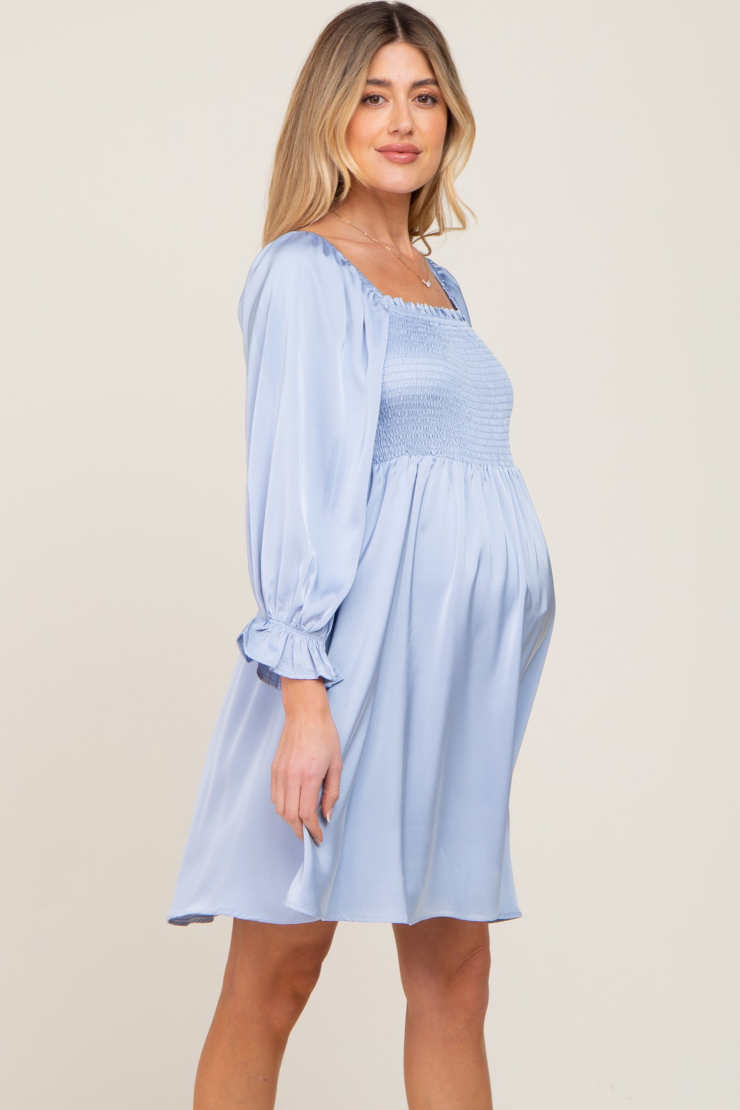 Light Blue Satin Smocked Square Neck Maternity Dress – PinkBlush