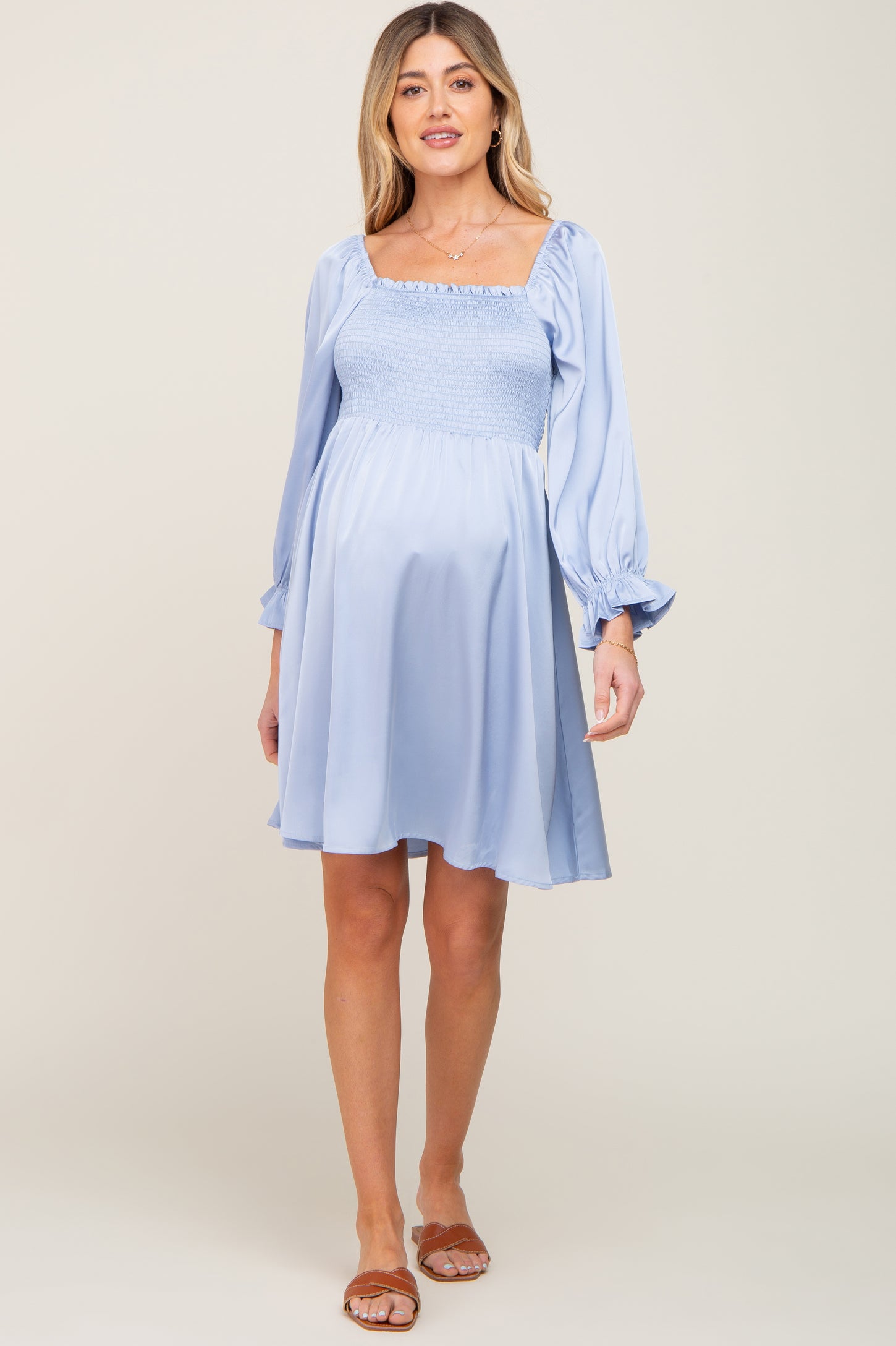 Light Blue Satin Smocked Square Neck Maternity Dress – PinkBlush