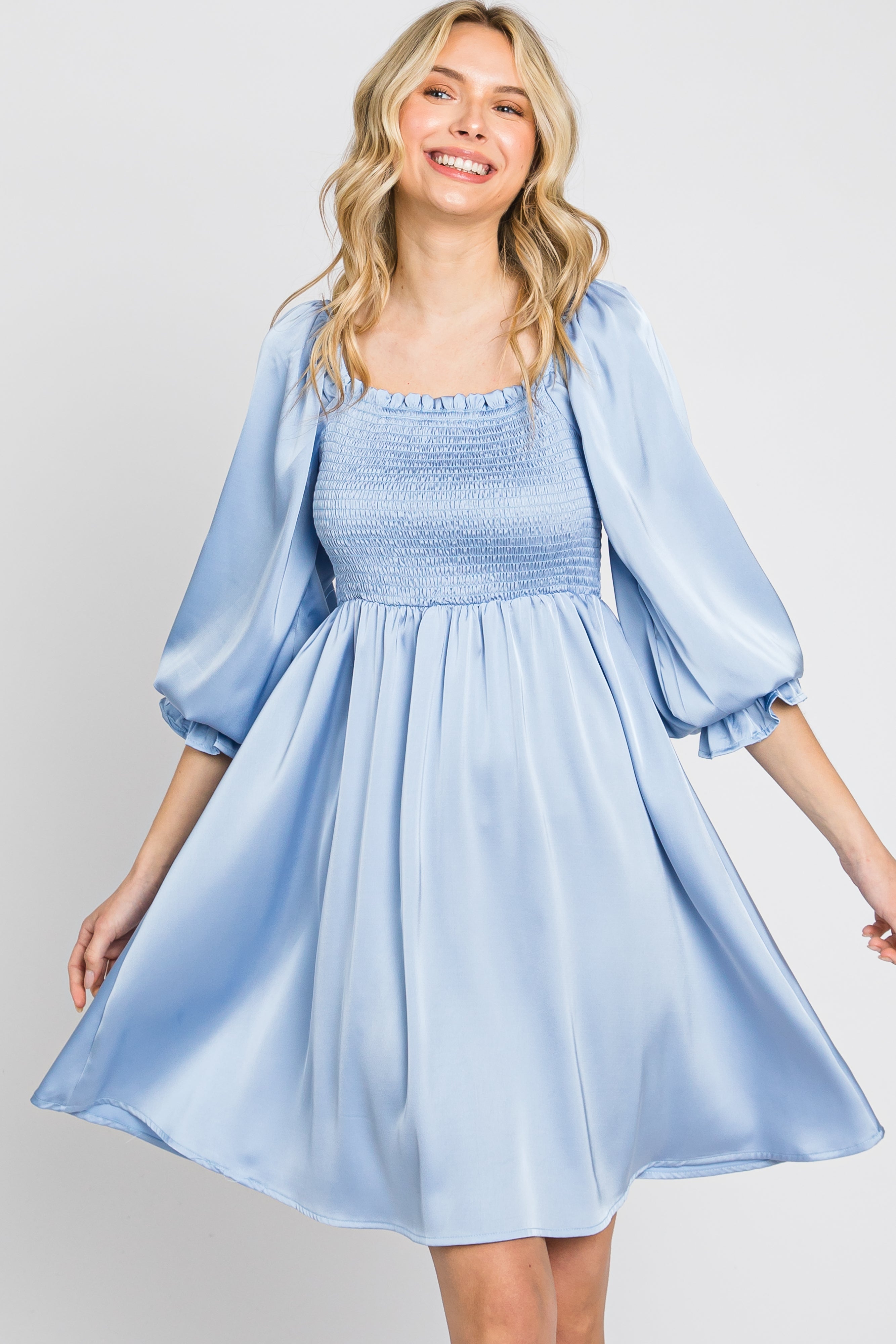Light Blue Satin Smocked Square Neck Dress