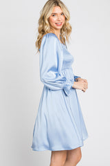 Light Blue Satin Smocked Square Neck Dress
