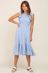 Light Blue Smocked Layered Ruffle Flutter Sleeve Maternity Midi Dress