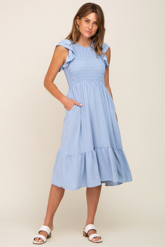 layered ruffle dress with sleeves Light Blue Smocked Flutter Sleeve Midi Small Lace Open Back Wedding Dress and unforgettable. Dark Green Long Sleeve Sizes:M