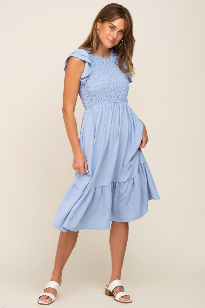 Light Blue Smocked Layered Ruffle Flutter Sleeve Maternity Midi Dress Small Light Blue Smocked Layered Ruffle Flutter Sleeve Maternity Midi Dress Small