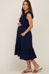 Navy Smocked Layered Ruffle Flutter Sleeve Maternity Midi Dress