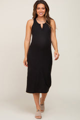 Black Sleeveless Ribbed Maternity Midi Dress