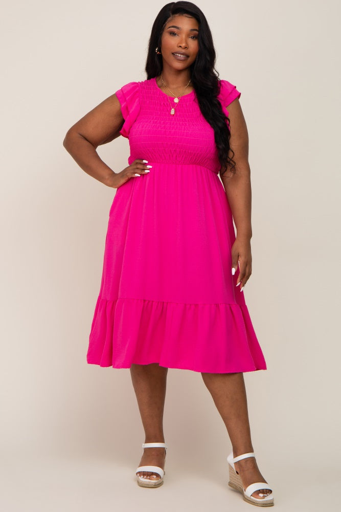 Fuchsia Smocked Layered Ruffle Flutter Sleeve Plus Midi Dress PinkBlush Fuchsia Smocked Layered Ruffle Flutter Sleeve Plus Midi Dress PinkBlush