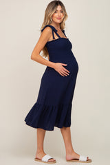 Navy Smocked Shoulder Tie Maternity Midi Dress