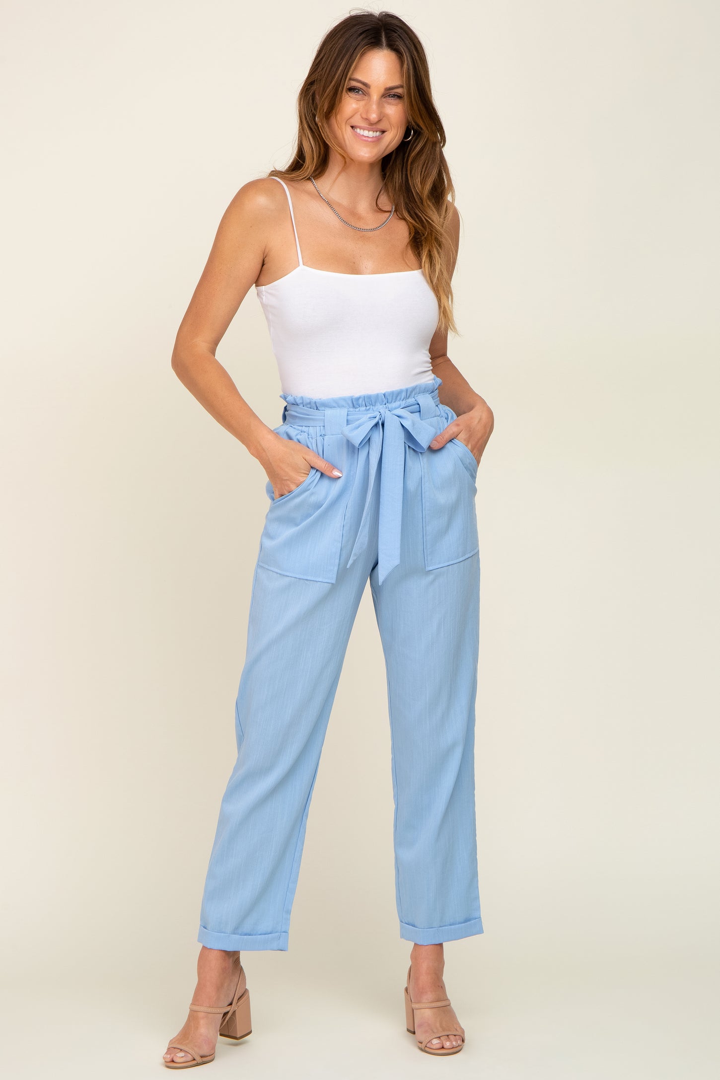 Light Blue Paper Bag Waist Cropped Pants PinkBlush